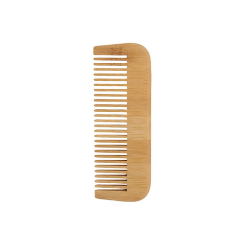 A bamboo comb featuring a smooth, natural finish and evenly spaced teeth, showcasing its eco-friendly design.