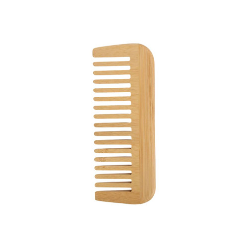 A bamboo comb with a light natural finish and wide teeth, featuring a smooth, rounded design.