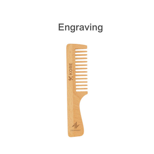 A wide-tooth beech wood comb in natural wood finish, featuring a branding logo.