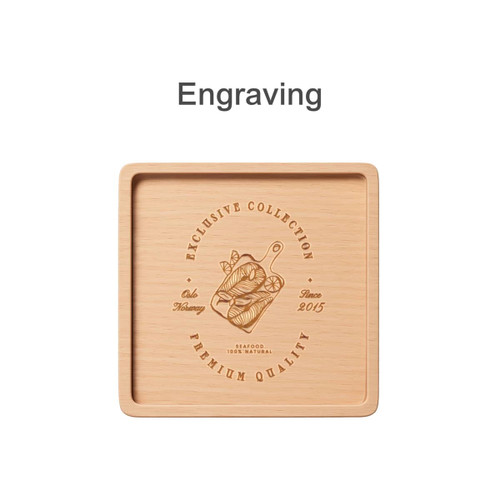 A square wooden coaster featuring a natural wood finish and an engraved design. It includes a logo.