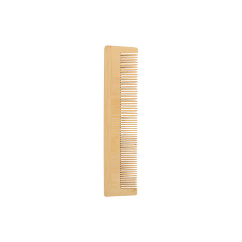 A fine-tooth bamboo comb in a natural light brown colour, featuring narrow teeth and a smooth, sleek design.