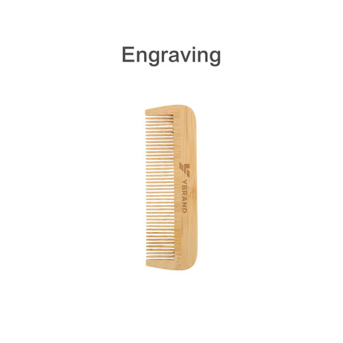 A fine-tooth bamboo small comb with a light wooden finish and a branding logo engraved on it.