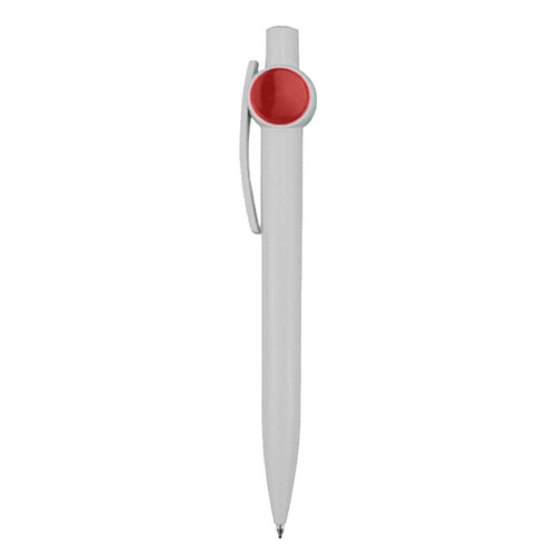 A plastic pen in white with a red accent, featuring a clip and a logo.