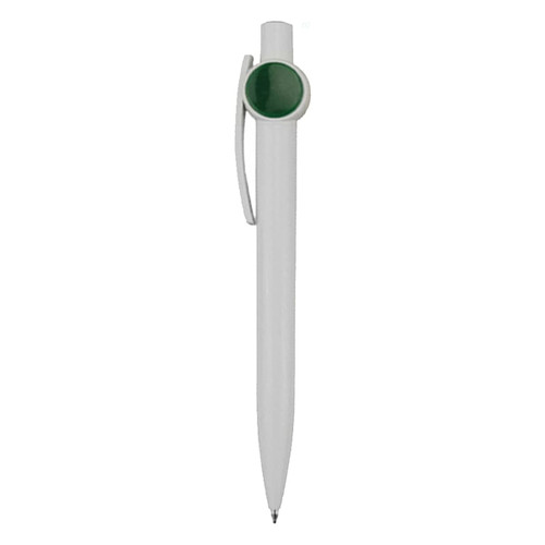 A plastic pen in white with a green accent and clip, featuring a logo on the barrel.