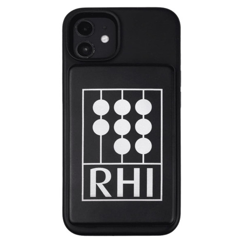 A black power bank with a magnetic back and a logo on the surface, featuring a sleek design.