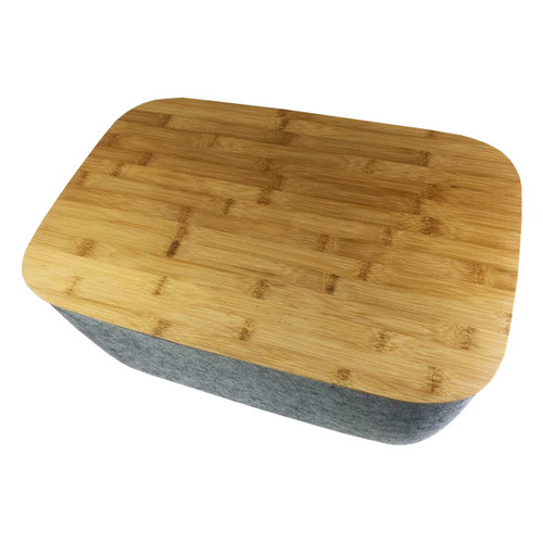 Ava Tub in grey felt with a bamboo lid, featuring a rectangular design and rounded edges. Includes branding.