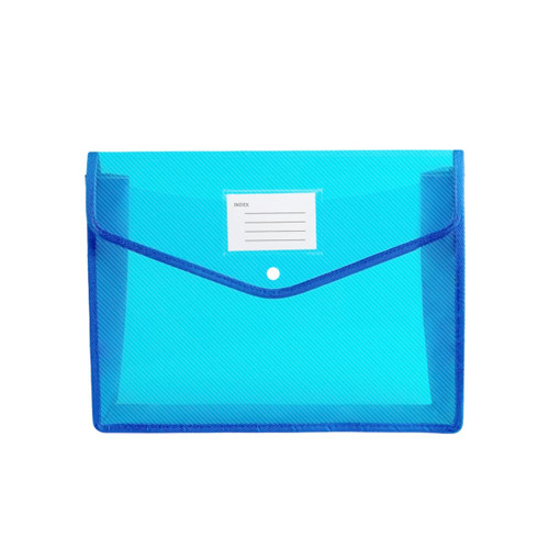 A turquoise expanding document folder with a blue border and a clear label area. It features a button closure and has a logo.