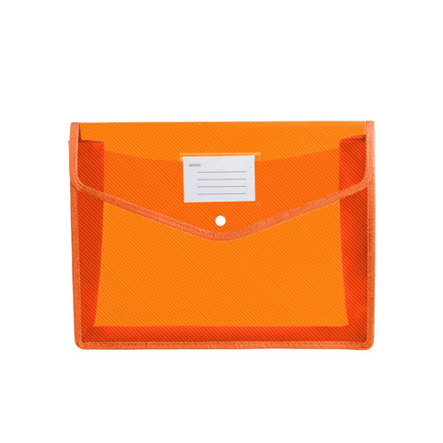 An orange envelope expanding document folder with a closure and a label area for indexing.