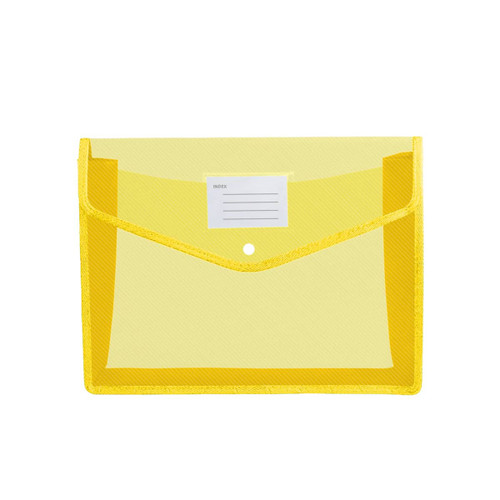 A yellow expanding document folder featuring a transparent front and a label area, with a closure button.