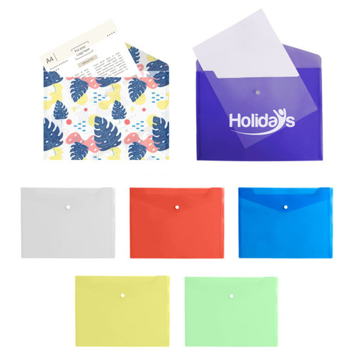 A4 Clear File Envelope available in purple, red, green, yellow, blue, and grey, with a logo on one variant.