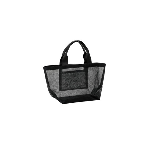 A black mesh beach tote bag with sturdy handles and an open design, featuring a logo.