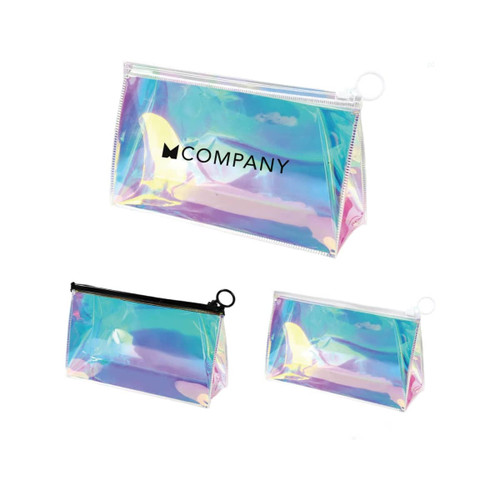 Three holographic cosmetic bags in varying sizes, featuring a black zipper and a logo on one bag.