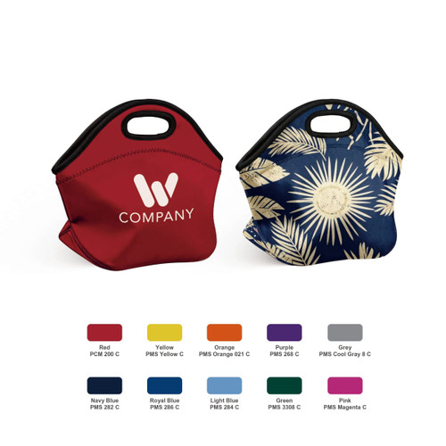 A red and a blue neoprene lunch bag with handles, featuring a logo on the red bag and a floral design on the blue one.