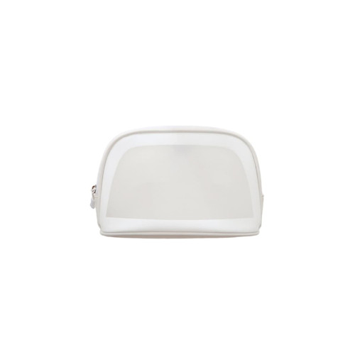A waterproof transparent cosmetic bag in a white colour, featuring a rounded shape and zip closure.