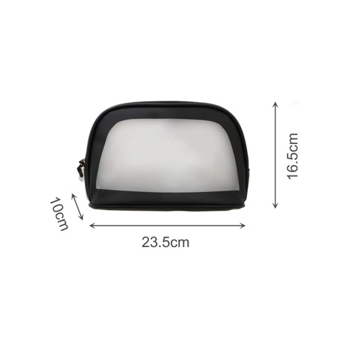 A waterproof transparent cosmetic bag in black with dimensions 23.5cm x 16.5cm x 10cm, featuring a zip closure.