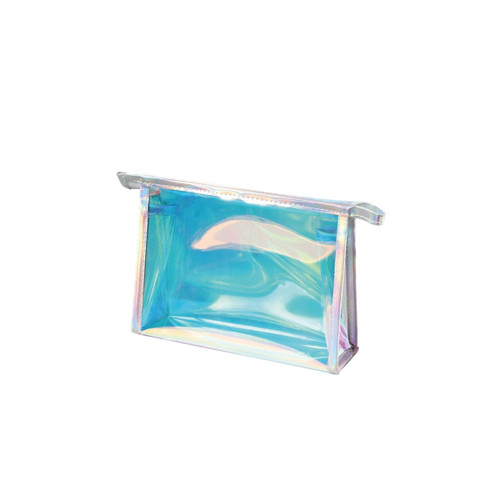 A travel cosmetic bag in transparent iridescent design, featuring two compartments and a zip closure.