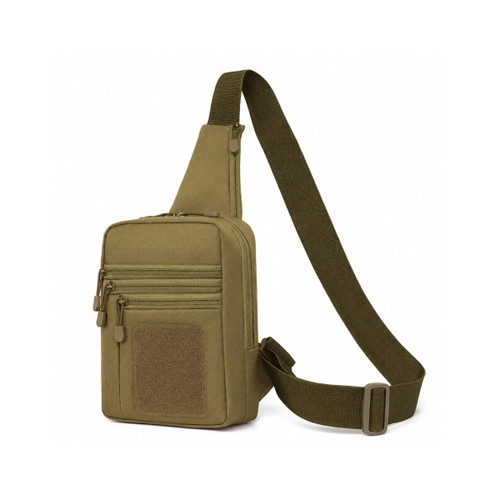 A tactical sling bag in olive green with multiple zippered compartments and an adjustable strap. It features a patch space.