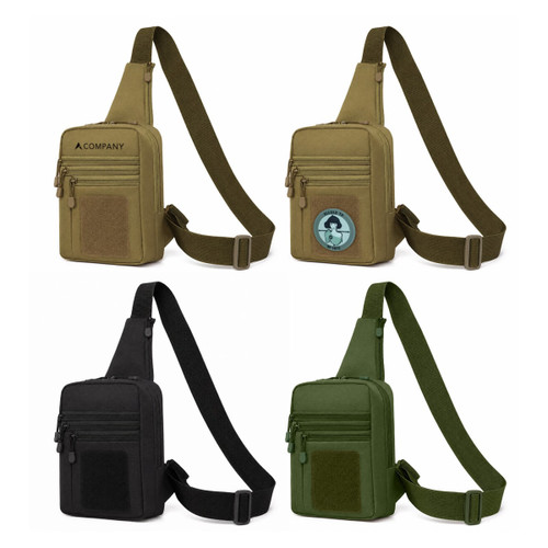 A tactical sling bag displayed in four colours: khaki, black, olive green, and featuring a logo on one bag.