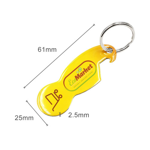 A drink bottle opener keyring in vibrant yellow with a circular keyring attachment and a logo on the surface.