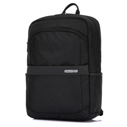 A black backpack with multiple compartments, featuring a logo and a sleek design.