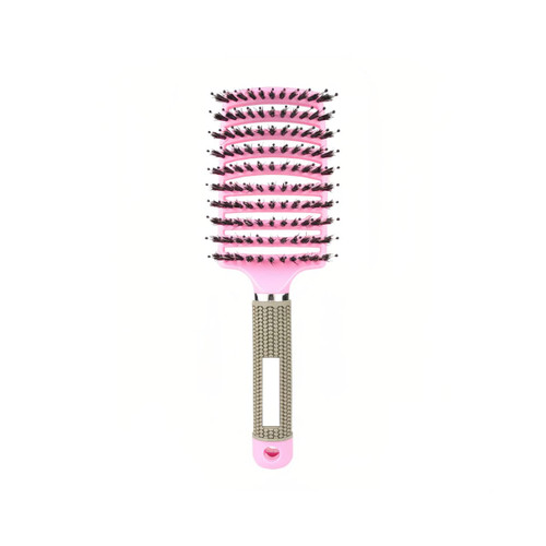 A pink detangler bristle hairbrush with a textured handle and black bristles, featuring a logo on the handle.