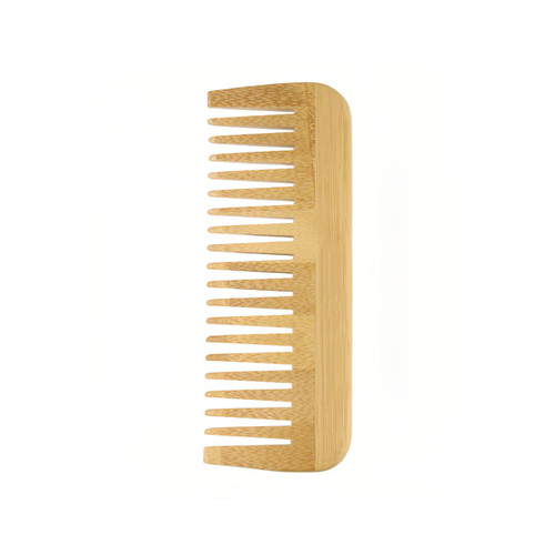 A bamboo hair comb with wide and narrow teeth, featuring a natural wood finish. It has a branding logo.