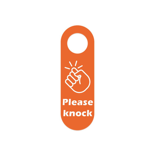 An orange PVC door hanger featuring a hand graphic and the text "Please knock." It includes a circular hole at the top.