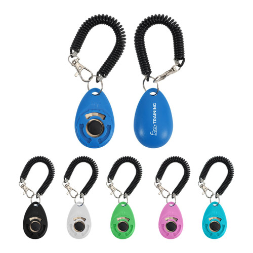 A training clicker in various colours including blue, black, white, green, and pink, with a coiled lanyard for attachment.