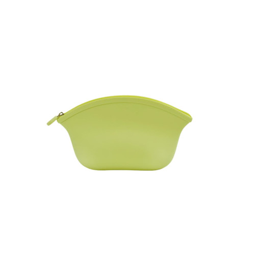 A silicone cosmetic bag in vibrant lime green with a curved design and zip closure.