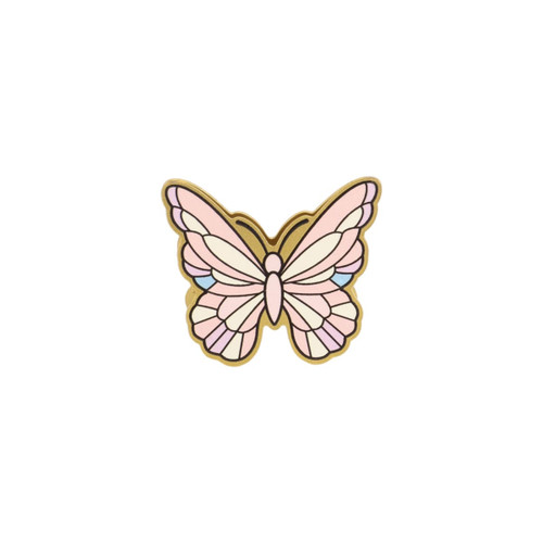 A butterfly-shaped clip in pastel pink and white, featuring a detailed design with a gold outline.