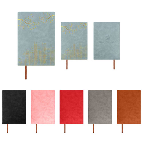 A collection of soft PU leather notebooks in various colours, featuring a logo and decorative design elements.