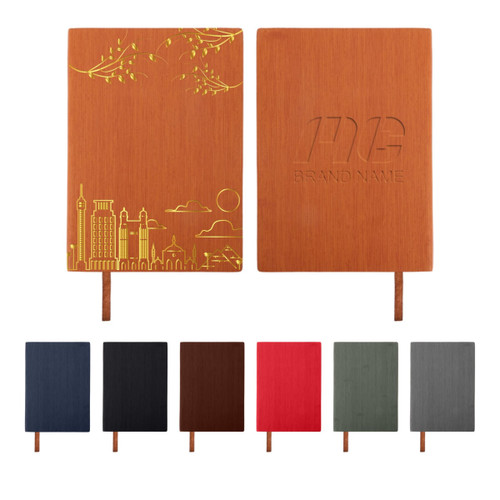 A5 PU leather notebook in various colours, featuring a decorative design on one cover and a logo on the other.