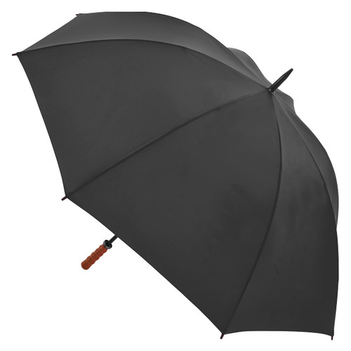 A black umbrella with a wooden handle, featuring a logo on the canopy.