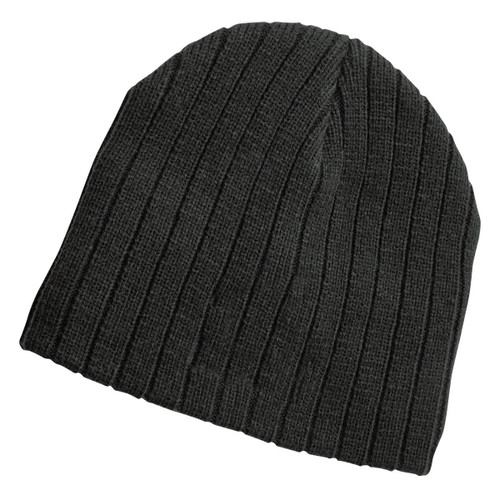 A dark green cable knit beanie with a ribbed texture and a logo on the side.