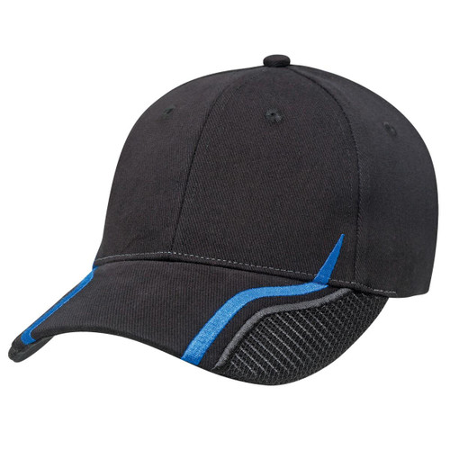 A black cap with blue accents and mesh detailing, featuring a logo on the front.