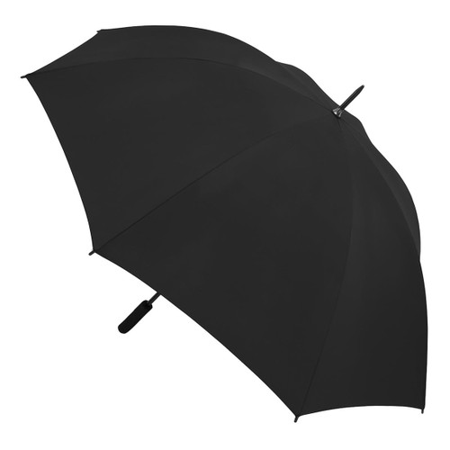 A black umbrella with a curved canopy, featuring a handle and an attachment point. It has a logo on the handle.
