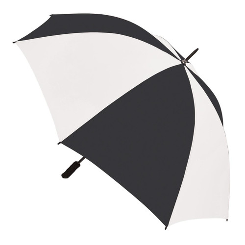 A black and white striped umbrella with a curved handle and a branding logo.