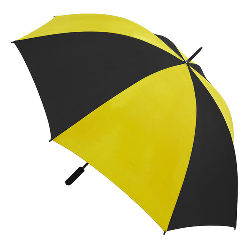A black and yellow striped umbrella with a curved handle, featuring a logo on the handle.