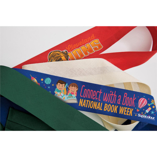 A collection of fabric bands in red, blue, green, and white, featuring various designs and a logo.