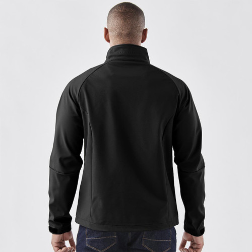 A black men's ultra-light shell jacket featuring a high collar and raglan sleeves, accompanied by a logo on the back.