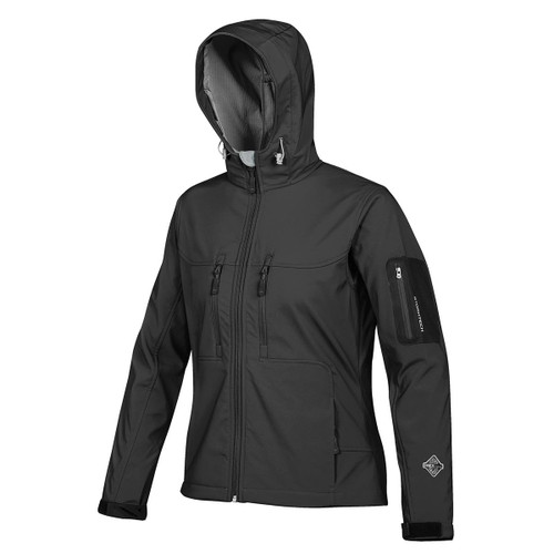 A women's black Epsilon H2Xtreme shell jacket with a hood, featuring zippered pockets and a logo on the sleeve.