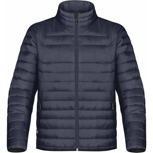 A dark navy men's jacket with a quilted pattern, high collar, and two side pockets, featuring a logo.