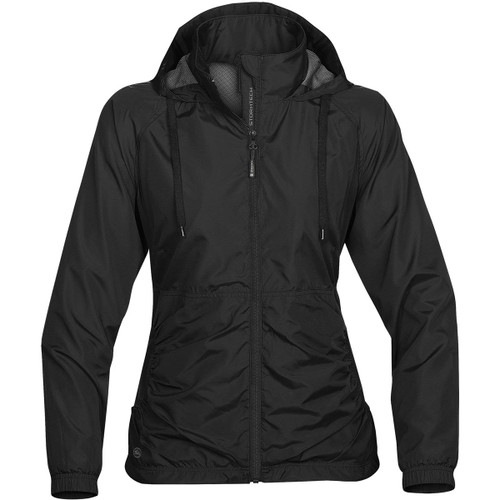 A women's black rain jacket with a hood, featuring zippered front and adjustable drawstrings. It has a logo on the front.