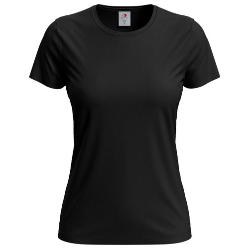 A black Women's Classic T-shirt featuring short sleeves and a round neckline, with a logo on the label.