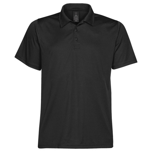 A black men's polo shirt featuring a classic collar and three-button placket, with a branding logo.