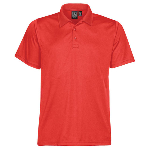 A red men's polo shirt with a classic collar and three-button placket. It features a logo on the label.
