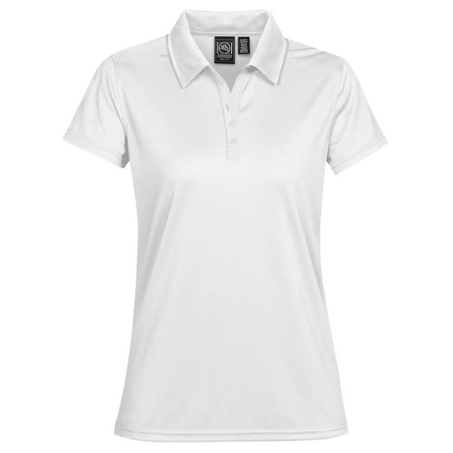 A white women's polo shirt with a classic collar and a logo on the chest.