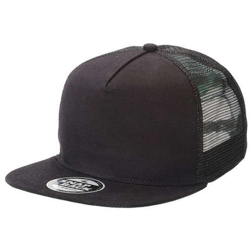 A black trucker cap with a flat peak and mesh back, featuring a logo on the front.