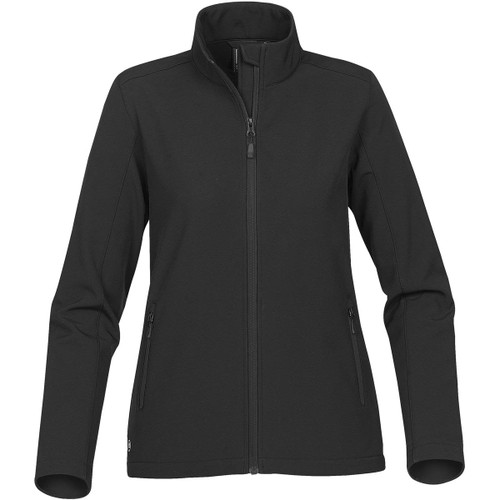 A black Women's Orbiter Softshell jacket featuring a zip front and two side pockets. It includes a logo.