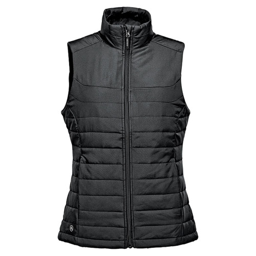 A women's black quilted vest with a high neck and zipper front, featuring a logo on the lower side.